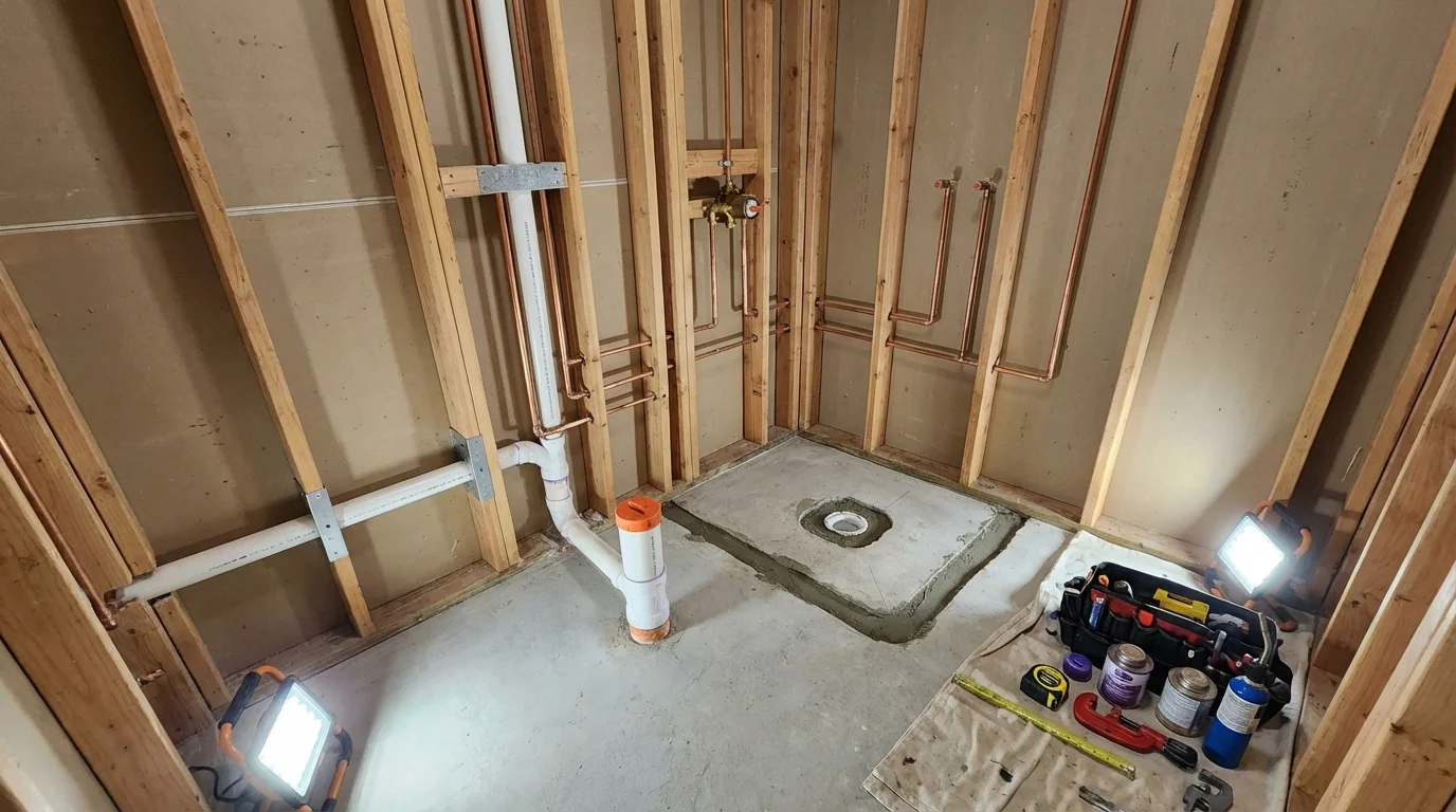 Bathroom rough-in plumbing during remodel by Johns Plumbing LLC in Chester
