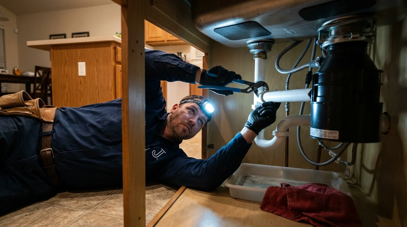 P-trap and supply line connections under a kitchen sink showing a common leak point in Chester, GA